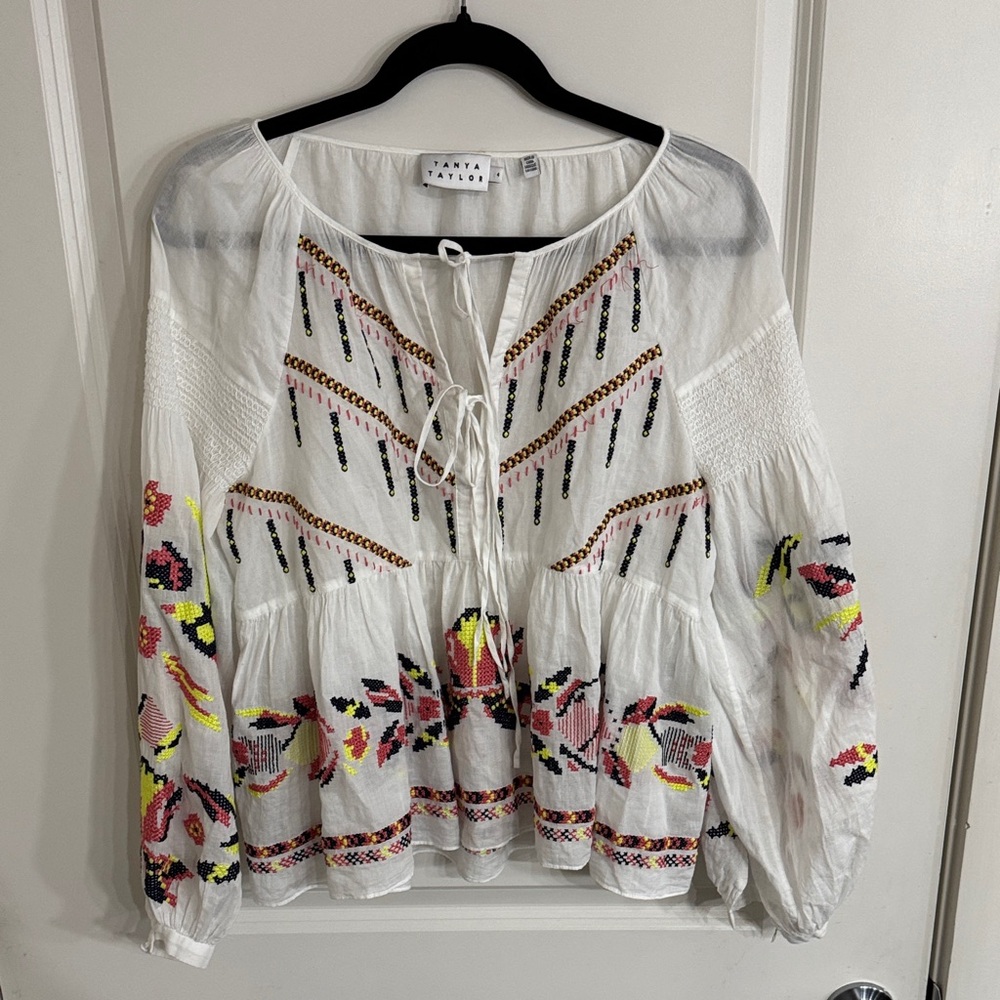 Tanya Taylor White Blouse with Colorful Embroidery